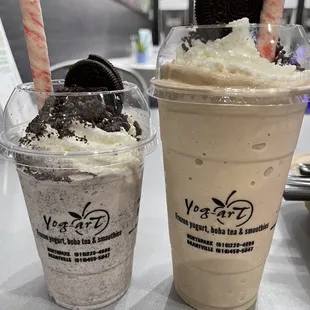 Left: Oreo Madness Shake (small) and right: PB n banana milkshake (medium)