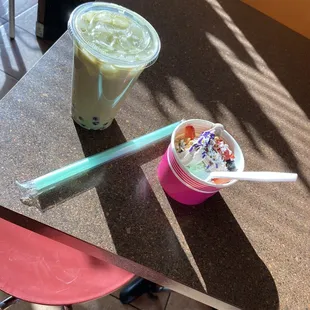 Matcha bubble tea and pistachio and cookies and cream yogurt. Yum!