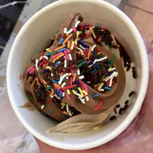Yogurt cup with German chocolate cake, cappuccino and chocolate and colored jimmies. Delish!