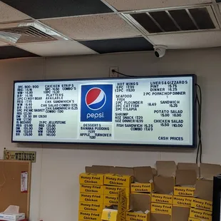 Menu board at Yogi Bear's Honey Fried Chicken, Hartsville