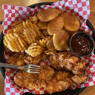 Chicken tenders with waffle fries and substitute buffalo chips for the slaw. Terrific.