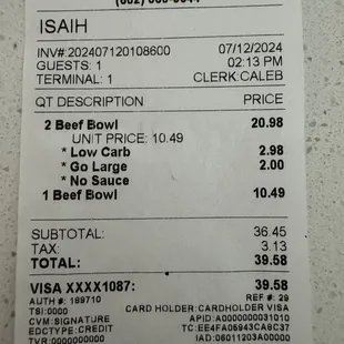 Receipt of order