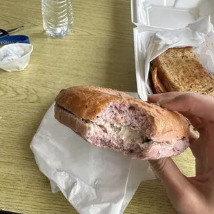 Blueberry bagel with I think it was honey nut cream cheese