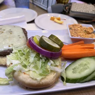 Classic burger with your choice of cheese. Veggies &amp; Feta Dip.