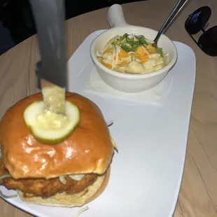 Buffalo chicken sandwich and Mac and cheese