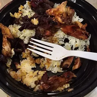 Chicken and beef bowl,  dry meat like hell.