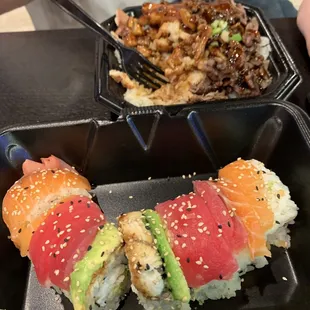 Rainbow roll and mixed teriyaki bowl (chicken and beef)