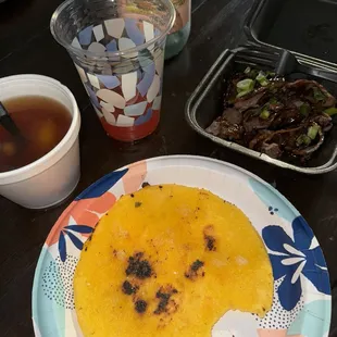 Beef teriyaki and Miso Soup with my Arepa lol