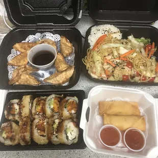 Delivery! Pot stickers, veggie yakisoba, Las Vegas roll &amp; egg rolls.