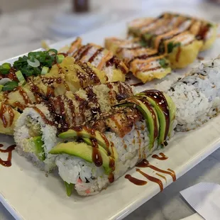 Sushi Lovers: Crunchy Roll, Las Vegas Roll, Dragon Roll, Dragon Roll, and Spicy Tuna Roll