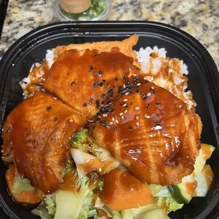 Salmon Teriyaki Bowl, half veggie/half rice, ~$13