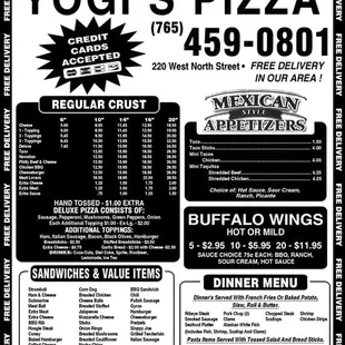 Yogi's Pizza Menu
