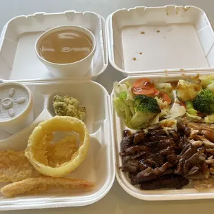 Beef/Chicken &amp; Beef Bowl with Veggies and veggie tempura and Miso soup