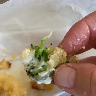 Undercooked tempura vegetables. Wet batter!