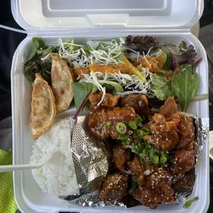 Popcorn chicken with Gyoza