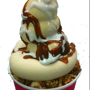 Enjoy a delicious bowl of caramel froyo, topped with a drizzle of rich caramel sauce and a swirl of marshmallow sauce.