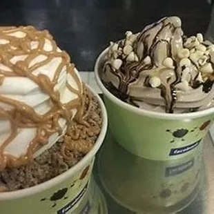 vanilla and cookies and cream frozen yogurt with caramel toppings and a nice chocolate drizzle.