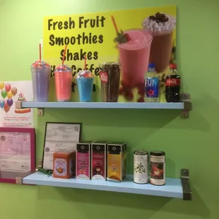 a display of fresh fruit smoothies