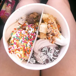 cookies and cream, cake batter, peanut butter, and vanilla yogurt. tons of toppings. all delicious!
