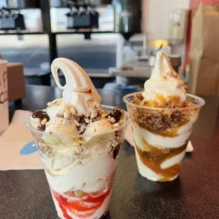 Banana split and caramel pecan sundae - delicious
