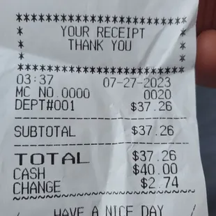 a receipt for a restaurant