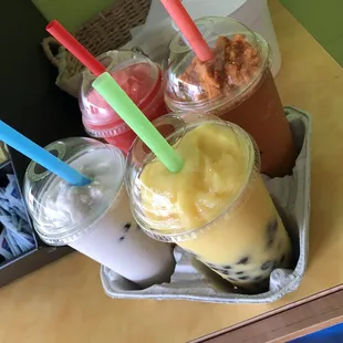 Raspberry Lemonade, Thai Ice Tea, Mango and Horchata Boba Teas