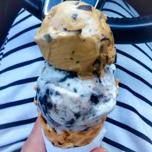 Oreo and moca chip waffle cone