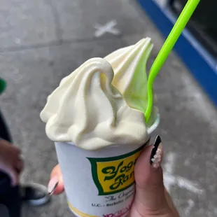 a hand holding a cup of yogurt