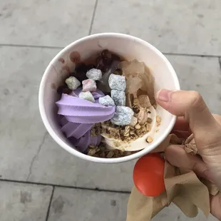 Cake taro, honey Greek, and milk tea froyo with Mochi, lychee jelly, red bean, and granola