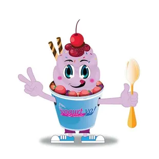 a yogurt character with a spoon and fork