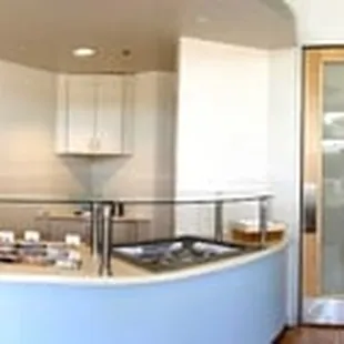 inside seating area, toppings, self-serve area