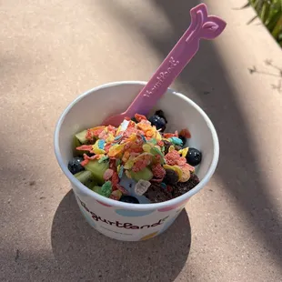 Brownies, kiwi, blueberries, and fruity pebbles on top of Rocket Pop Sorbet