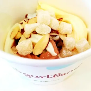 Mango tart, vanilla ice cream, pistachio, and KitKat chocolate wafer bar frozen yogurt topped with slivered almonds and mochi. Yum! 4 stars