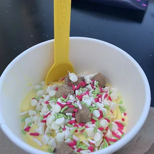 Banana cream with white chips, cookie dough balls and rainbow sprinkles