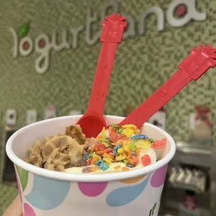 Plain yogurt with fruity pebbles and coke waffles