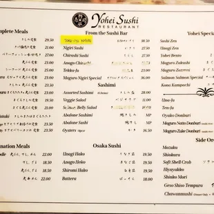 The Yohie Sushi Restaurant menu as of Feb. 18, 2022.