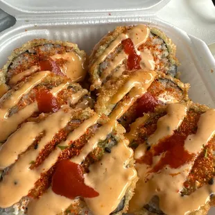 Ordered "Crunchy California roll" but got a spicy California roll and got it remade and got this.