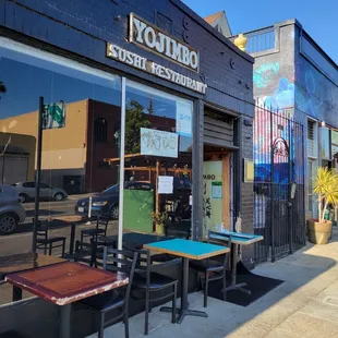 Front entrance and outdoor seating