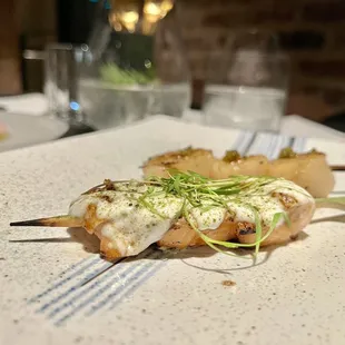 Salmon belly and scallop skewers