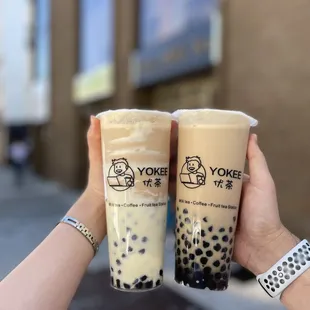 Puff Cream Milk Tea with boba (left) and Pearl Milk Tea with boba (right)