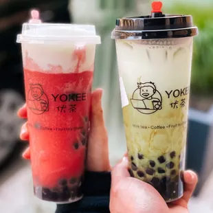 strawberry cheese smoothie and matcha volcano