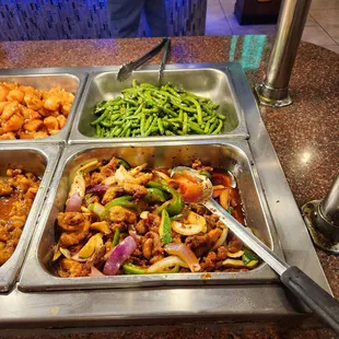 Front:  Chili Oil Spicy Chicken.  Excellent.  Back:  String Beans