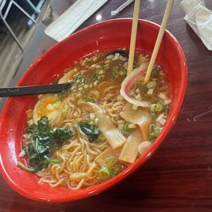 Spicy chicken broth noodle bowl