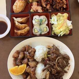 Teriyaki bento box &amp; orange chicken + Mongolian beef combo