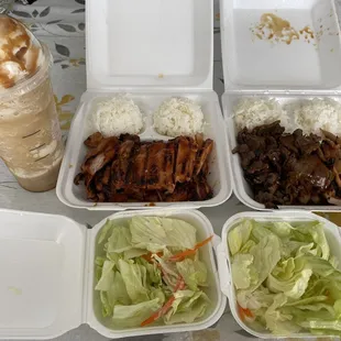 Teriyaki Chicken &amp; Beef &amp; Spicy Teriyaki Chicken.  Side of Caramel Crunch Frappé from Starbucks!