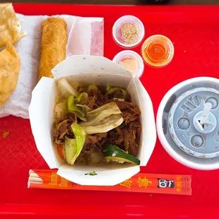 Teriyaki Beef, Egg roll, and some Crab Puffs!
