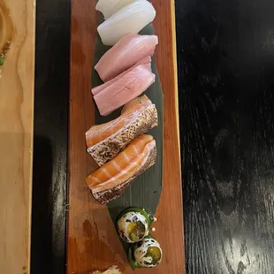Squid nigiri, yellowtail nigiri, salmon belly nigiri
