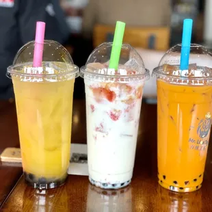 Mango peach, fruit milk tea, and Thai tea