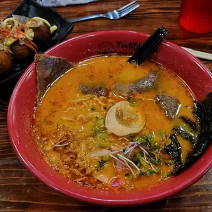 Spicy beef tongue ramen with takoyaki