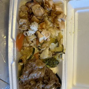 Chicken Teryaki chunks and Beef clumped rice bowl with wilted, overcooked veggies, I think.
